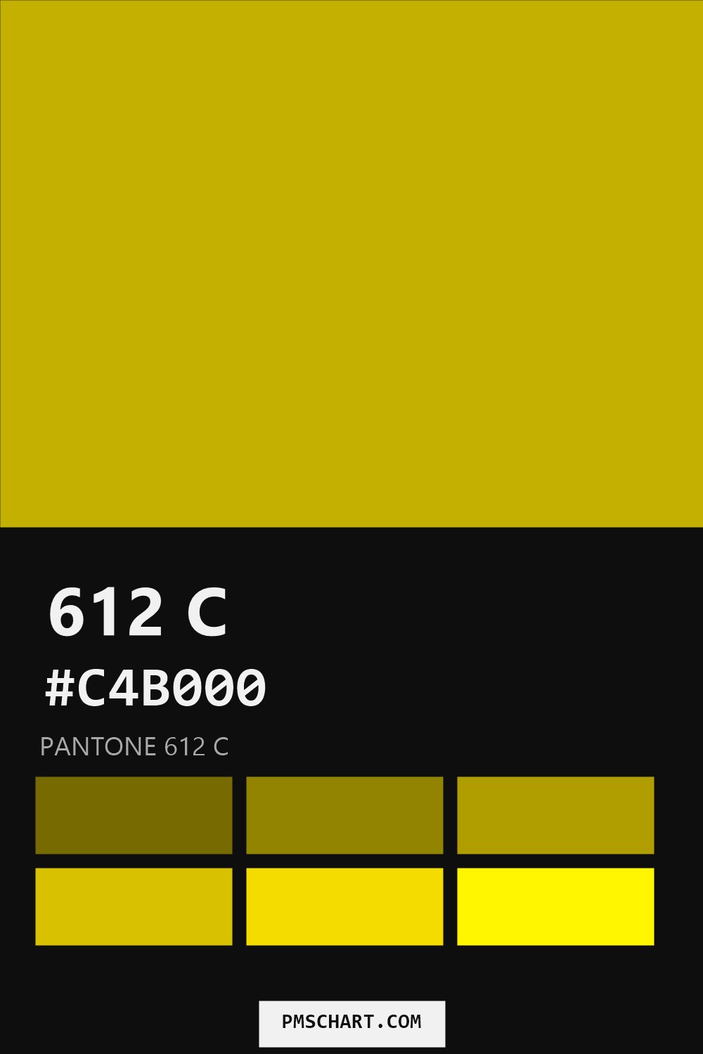 Pantone 612 C color reference card (HEX #C4B000) with six nearest Pantone matches