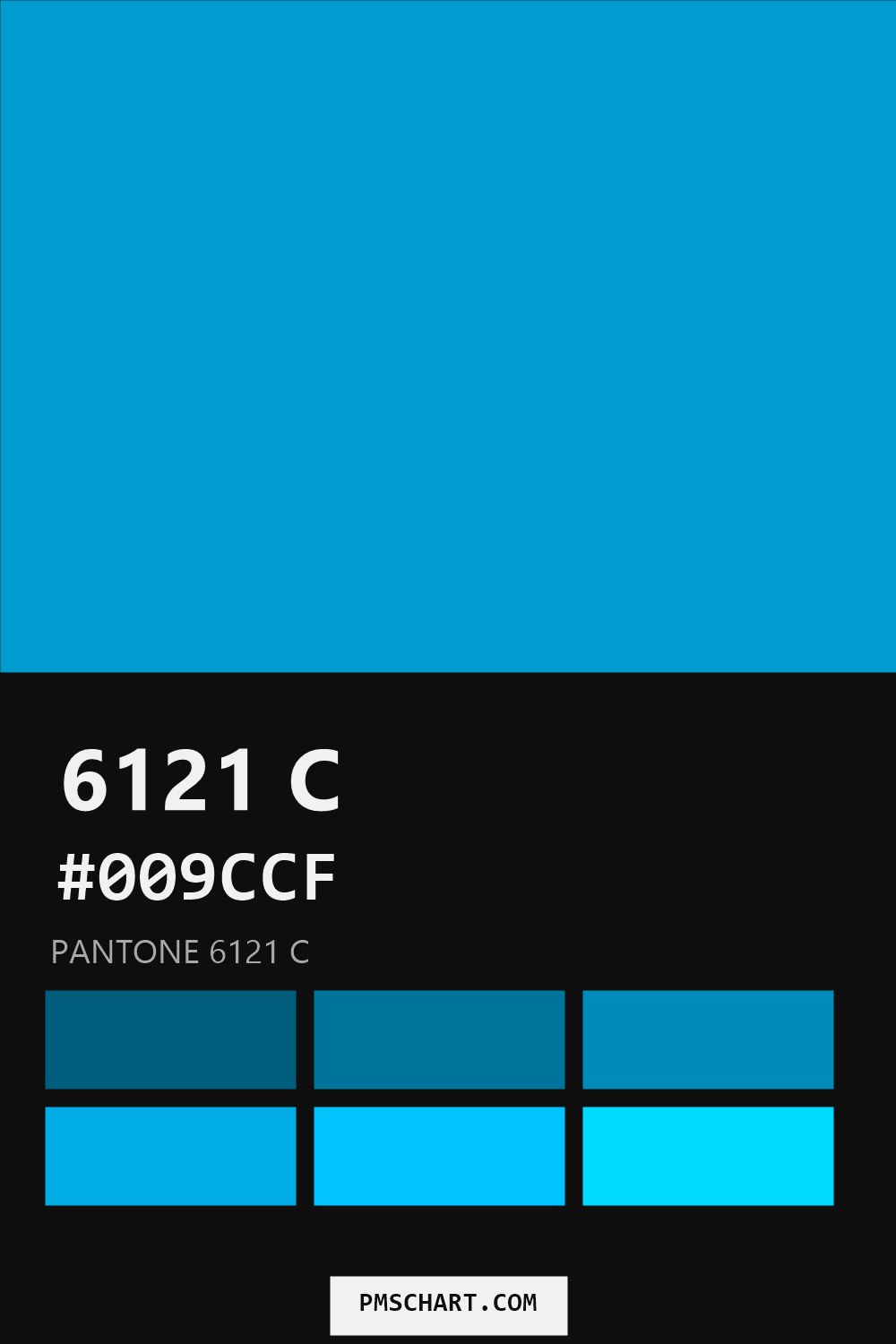 Pantone 6121 C color reference card (HEX #009CCF) with six nearest Pantone matches