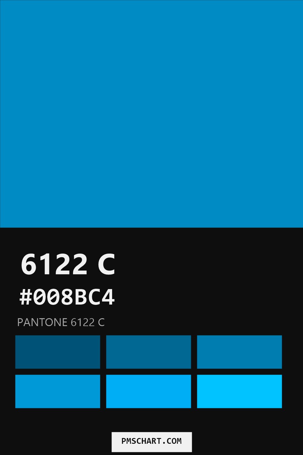 Pantone 6122 C color reference card (HEX #008BC4) with six nearest Pantone matches