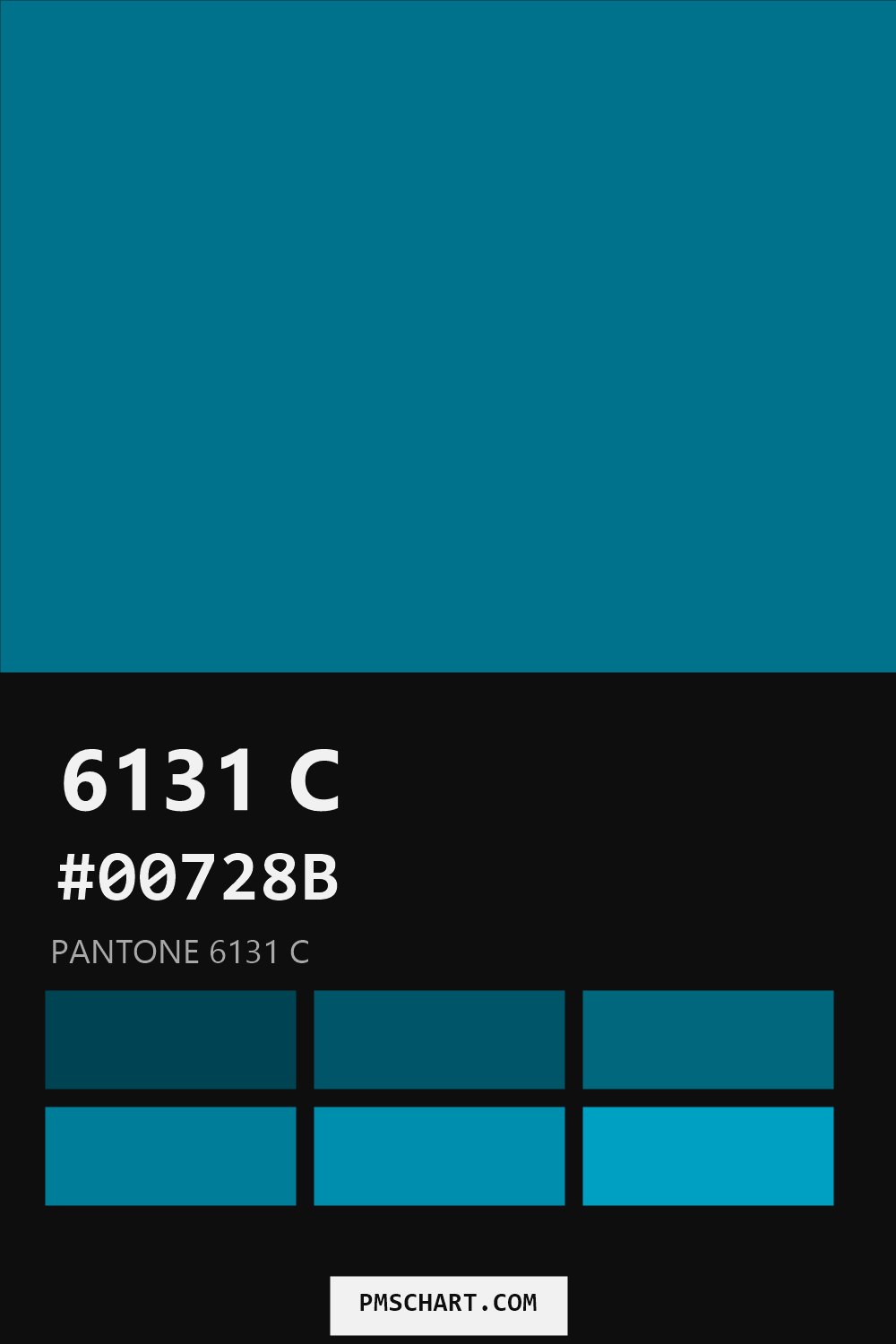 Pantone 6131 C color reference card (HEX #00728B) with six nearest Pantone matches
