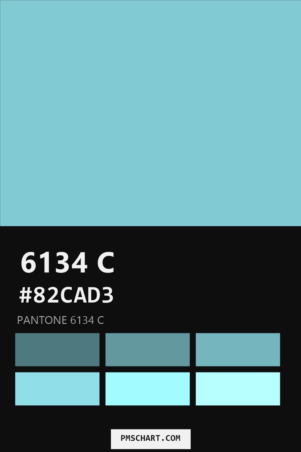 Pantone 6134 C color reference card (HEX #82CAD3) with six nearest Pantone matches