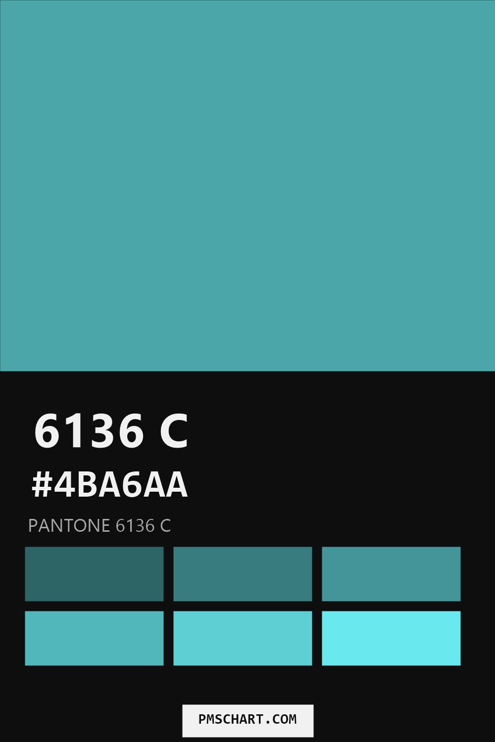 Pantone 6136 C color reference card (HEX #4BA6AA) with six nearest Pantone matches