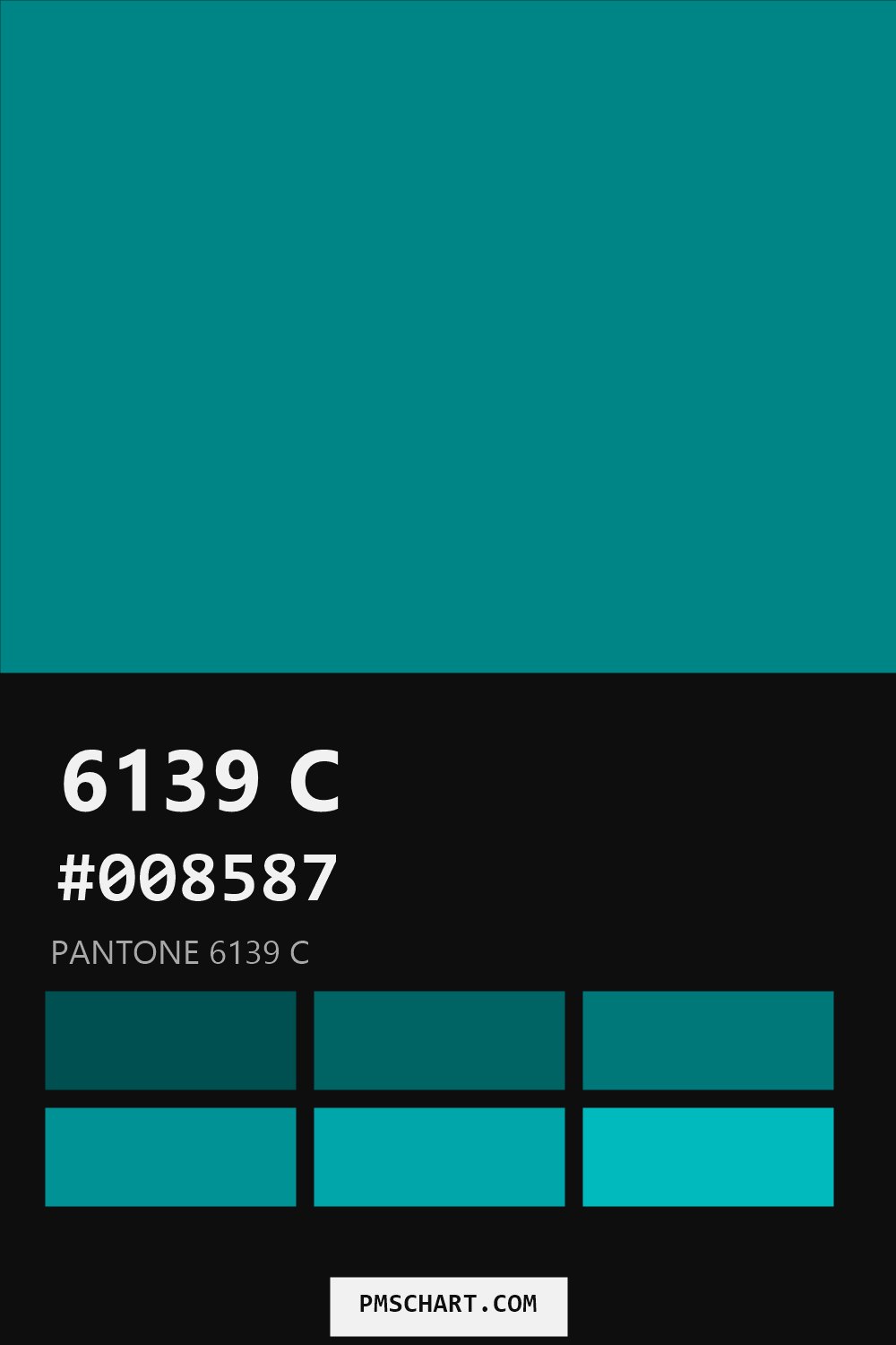 Pantone 6139 C color reference card (HEX #008587) with six nearest Pantone matches