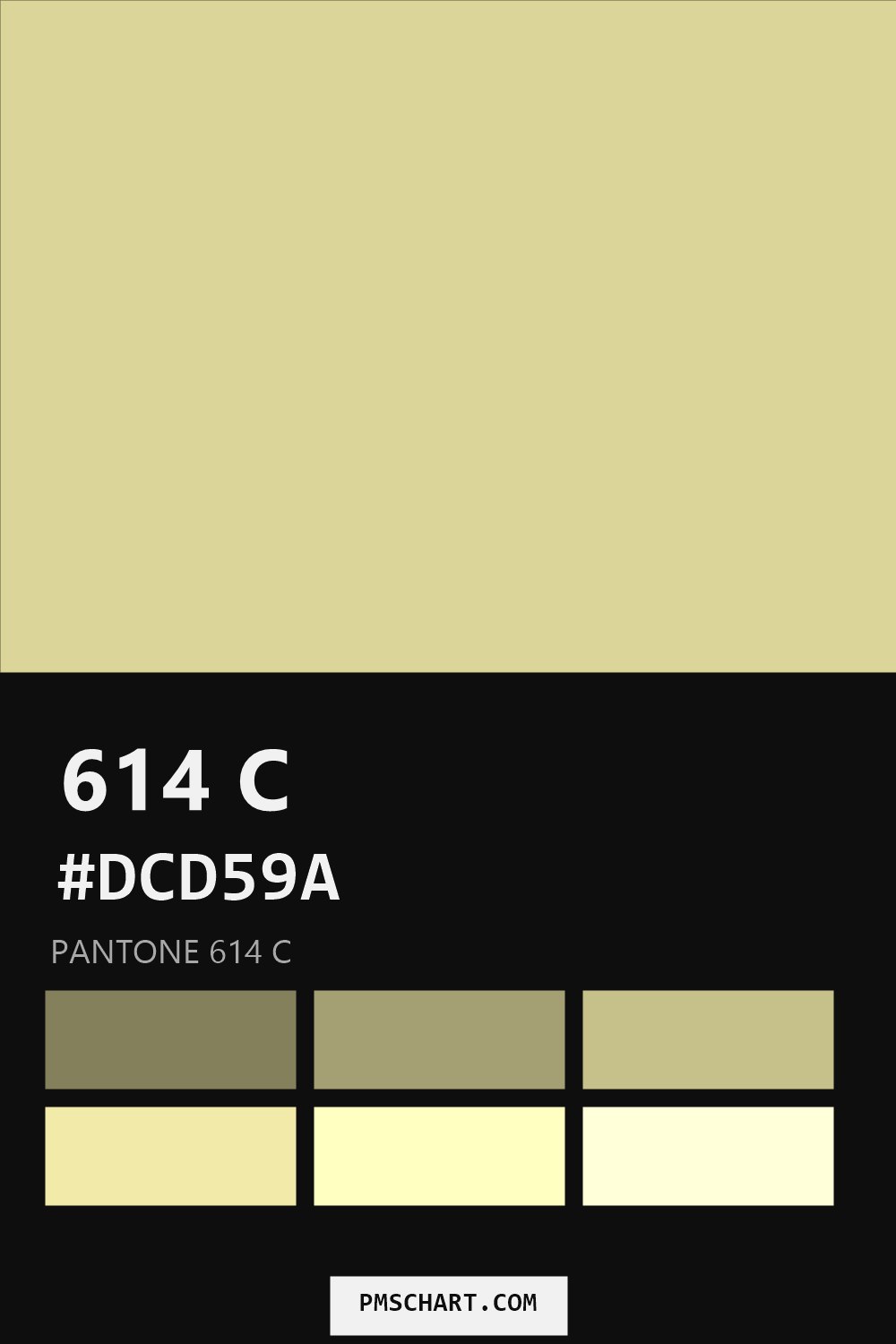 Pantone 614 C color reference card (HEX #DCD59A) with six nearest Pantone matches