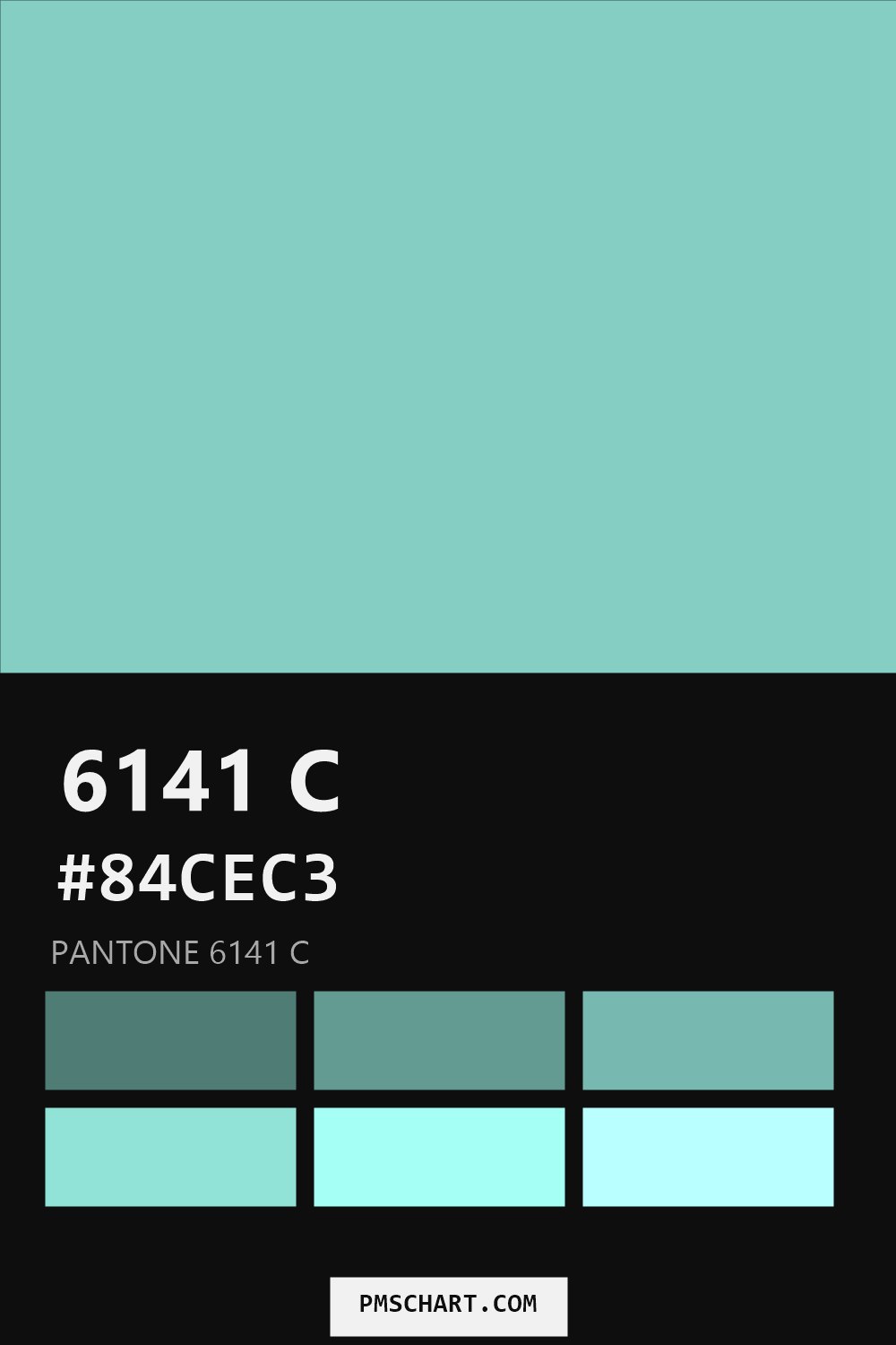 Pantone 6141 C color reference card (HEX #84CEC3) with six nearest Pantone matches