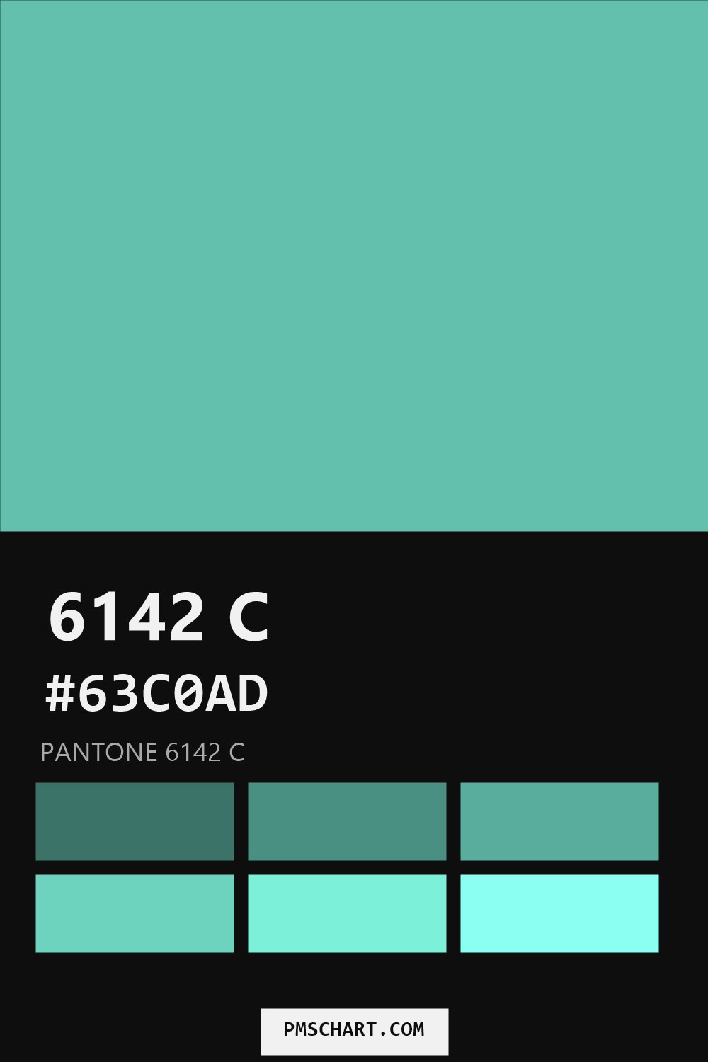 Pantone 6142 C color reference card (HEX #63C0AD) with six nearest Pantone matches
