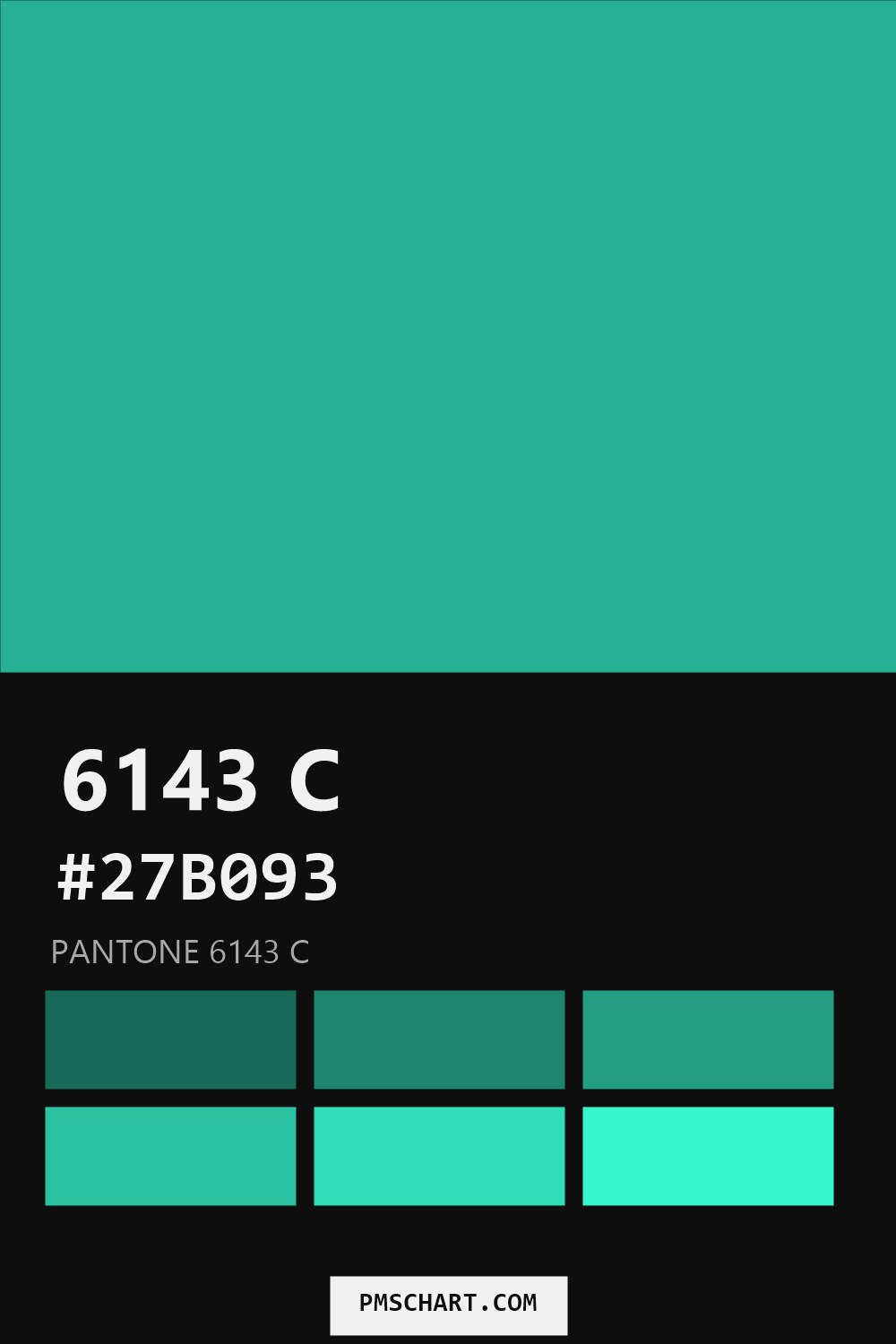 Pantone 6143 C color reference card (HEX #27B093) with six nearest Pantone matches