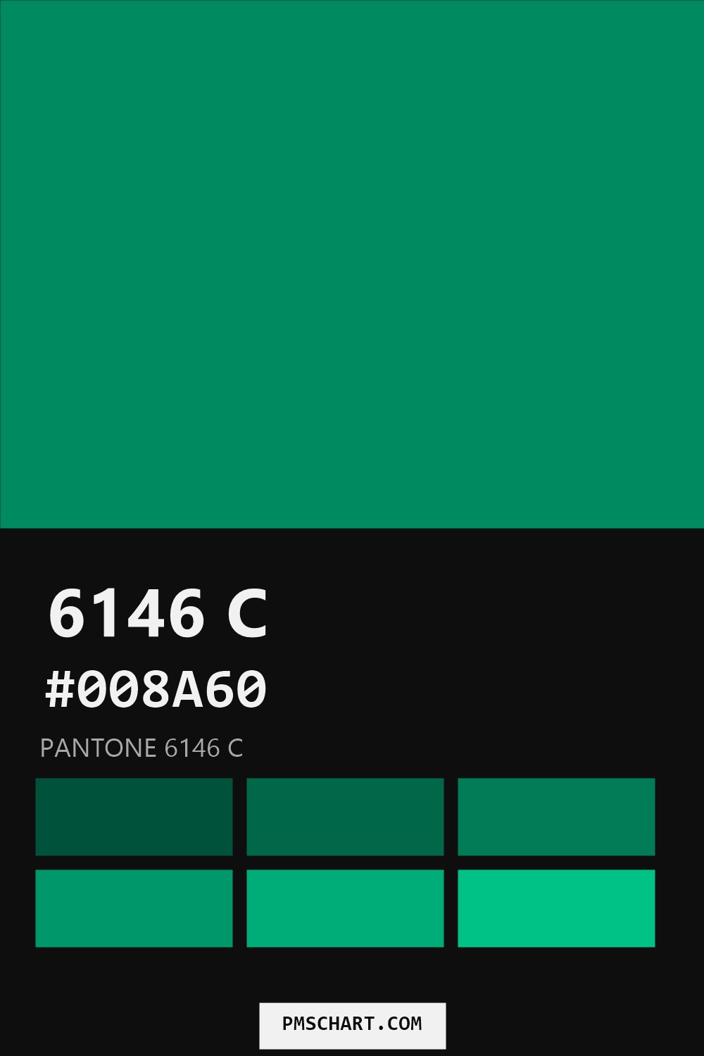 Pantone 6146 C color reference card (HEX #008A60) with six nearest Pantone matches