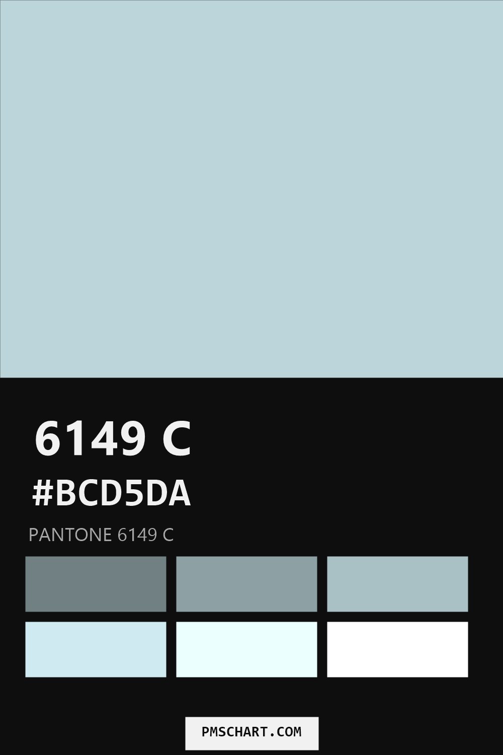 Pantone 6149 C color reference card (HEX #BCD5DA) with six nearest Pantone matches
