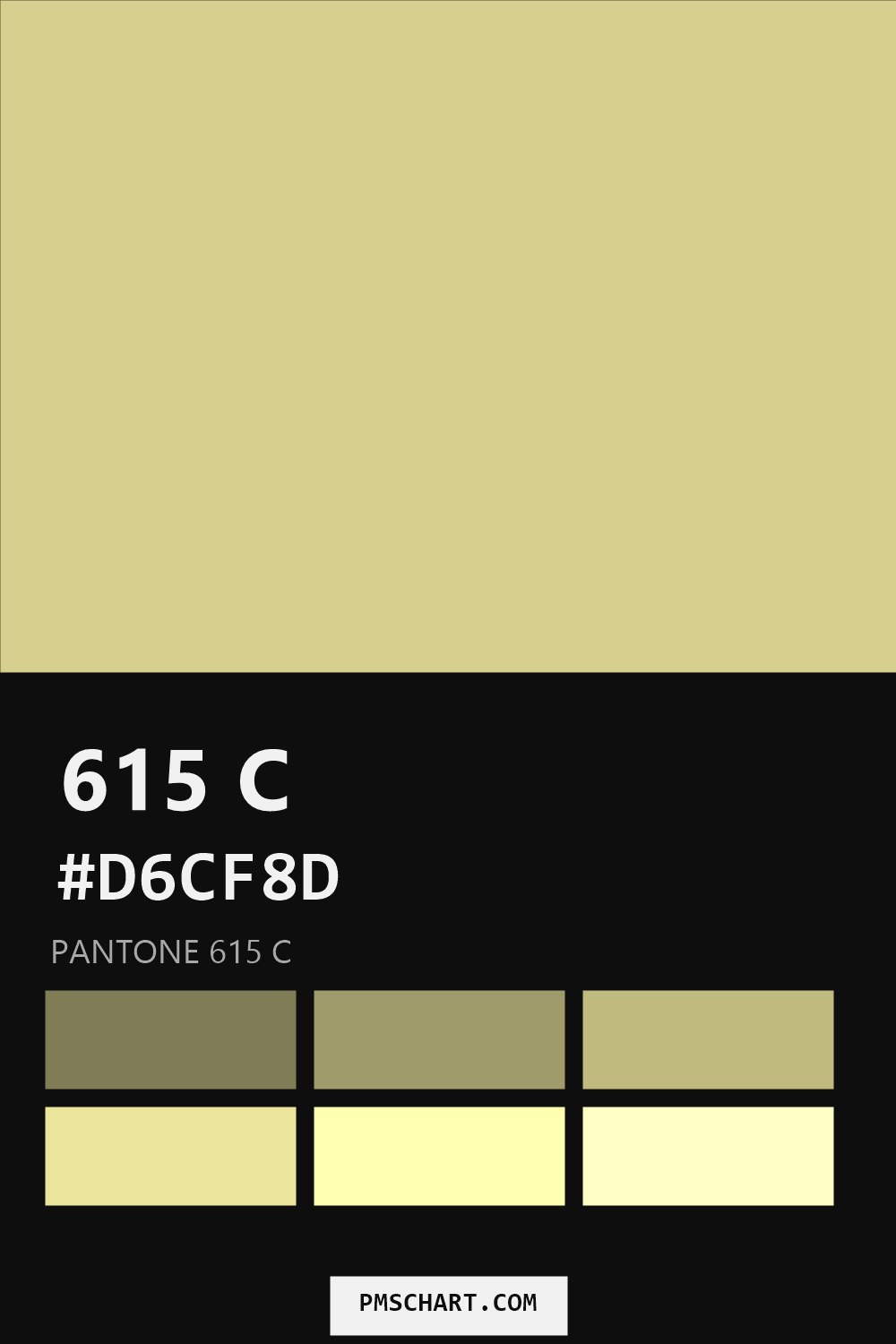 Pantone 615 C color reference card (HEX #D6CF8D) with six nearest Pantone matches