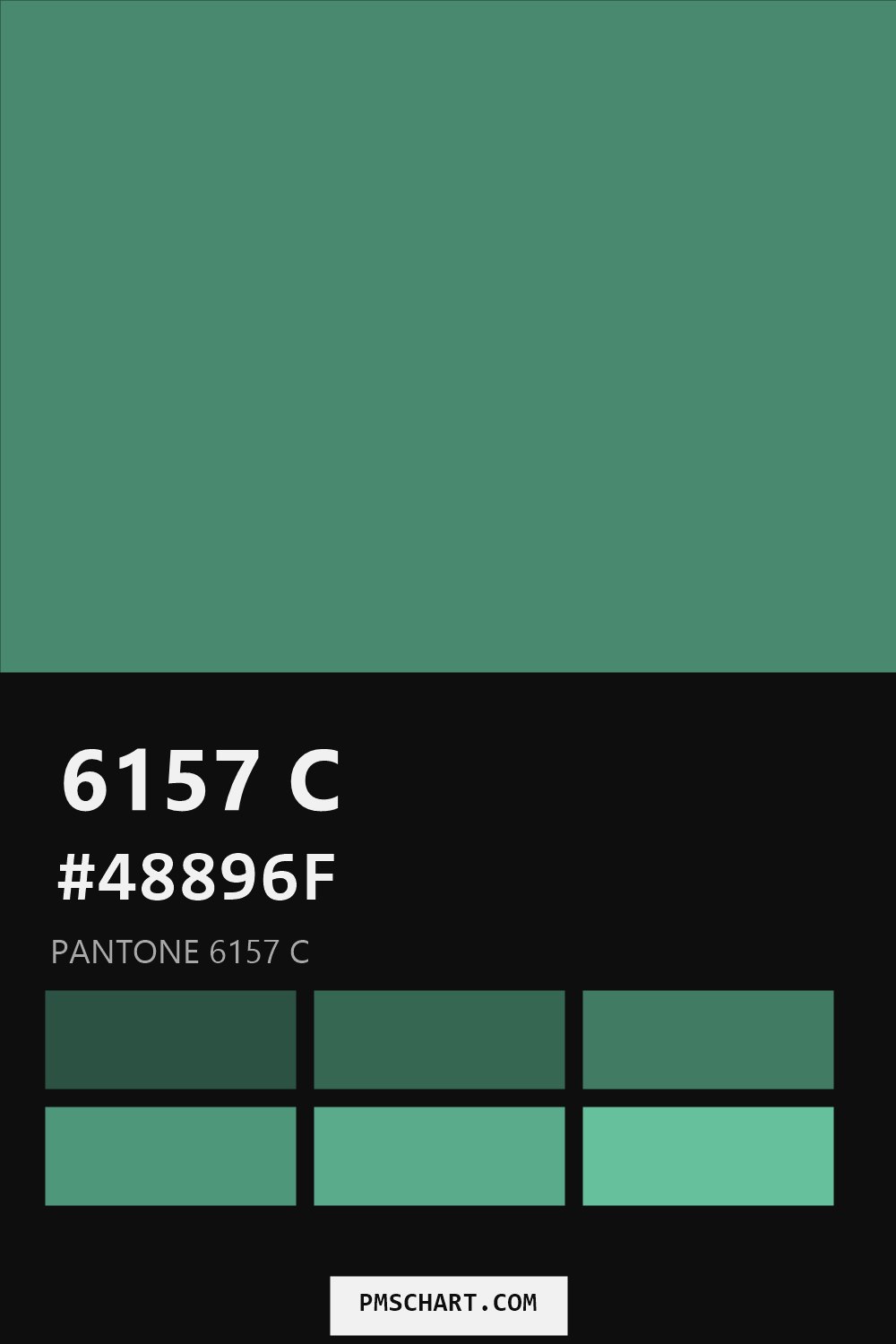 Pantone 6157 C color reference card (HEX #48896F) with six nearest Pantone matches