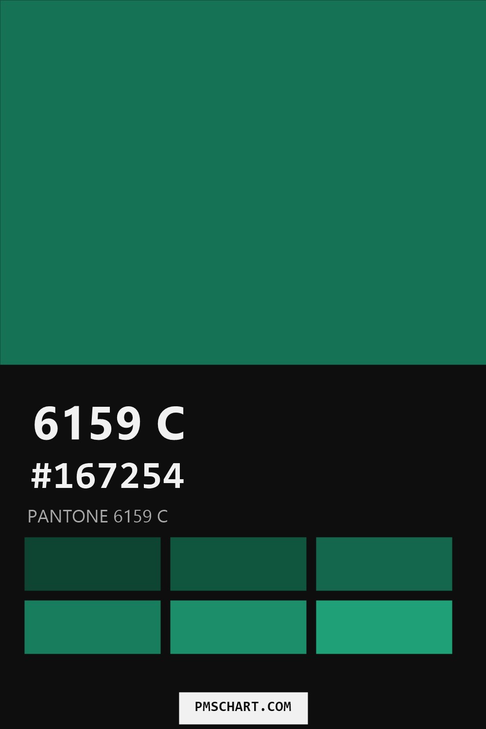 Pantone 6159 C color reference card (HEX #167254) with six nearest Pantone matches