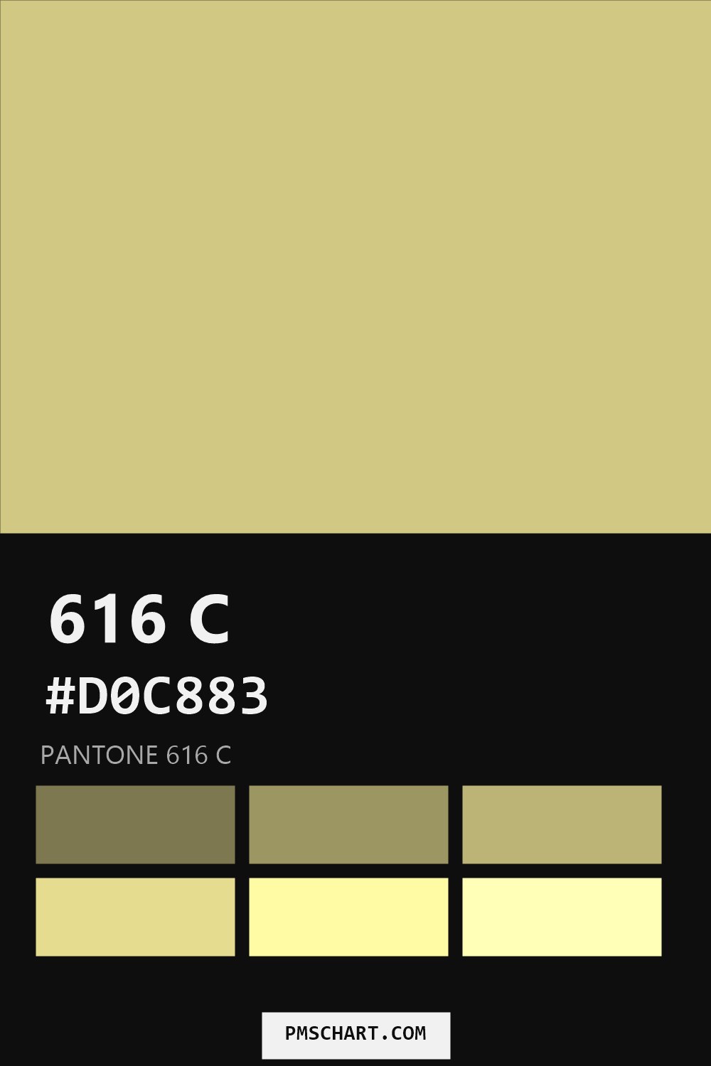 Pantone 616 C color reference card (HEX #D0C883) with six nearest Pantone matches