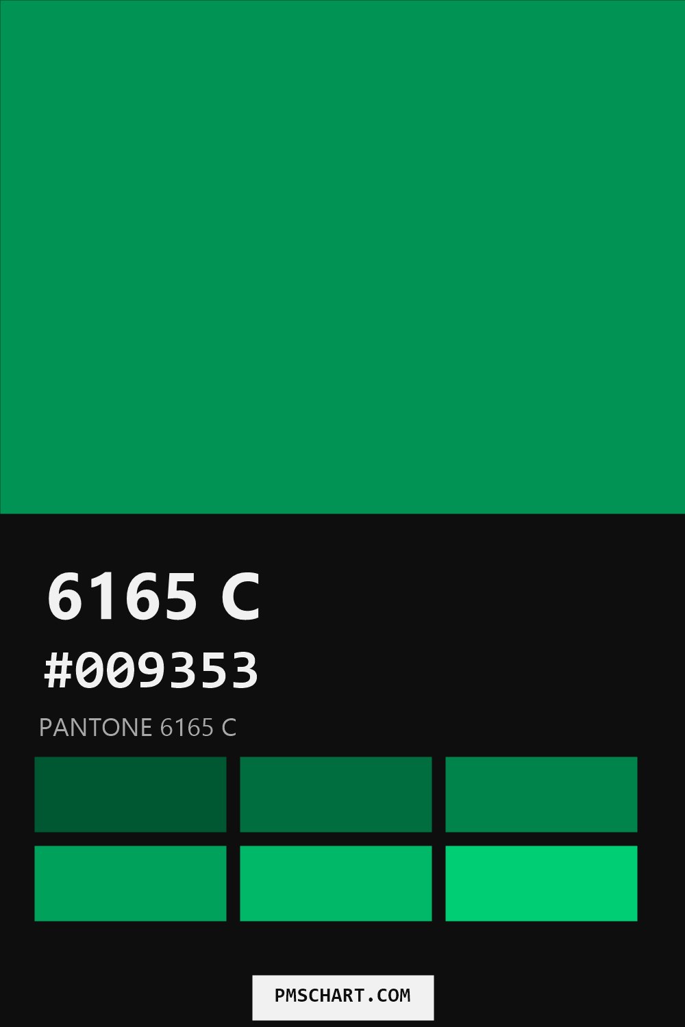 Pantone 6165 C color reference card (HEX #009353) with six nearest Pantone matches