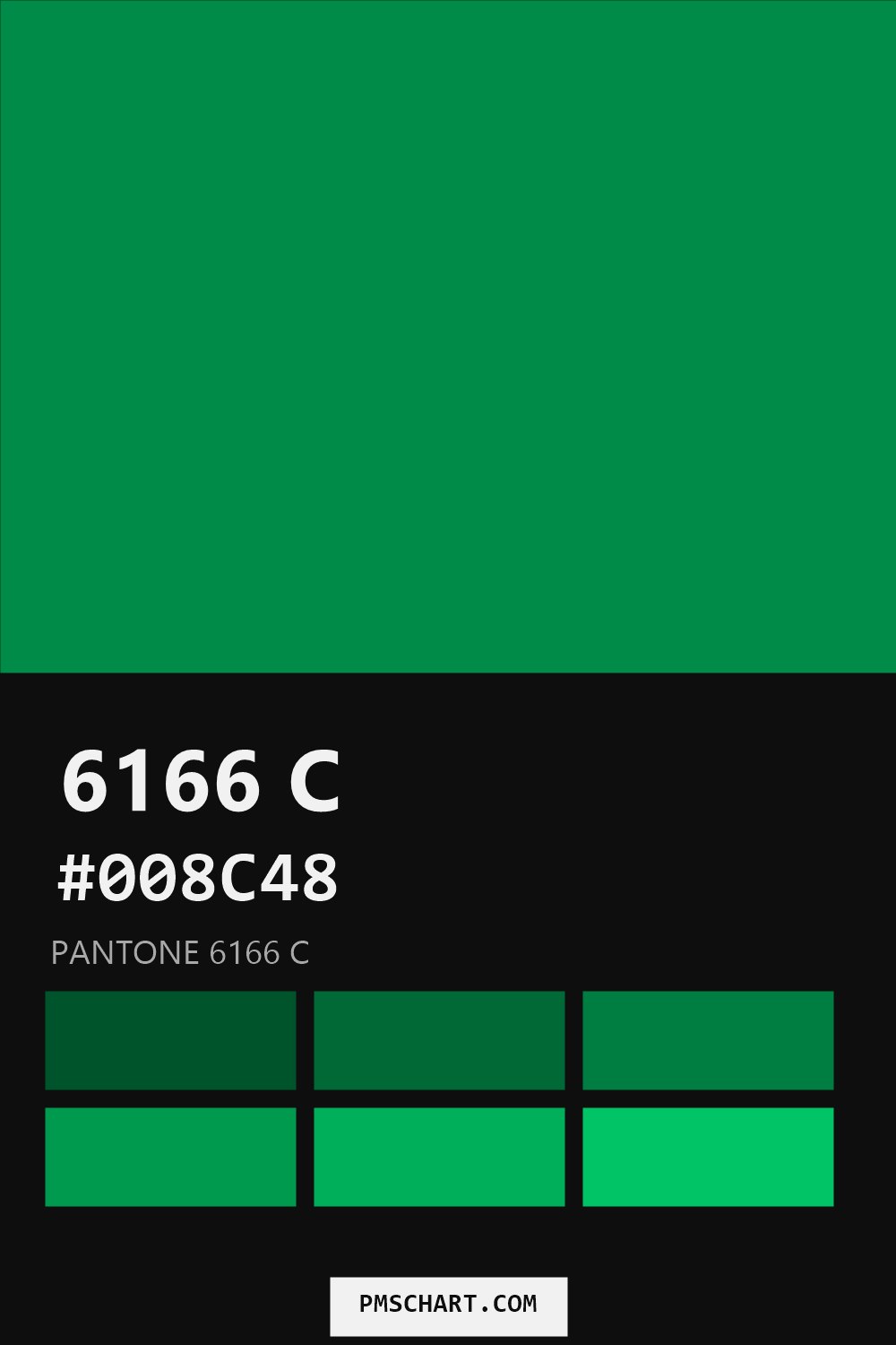 Pantone 6166 C color reference card (HEX #008C48) with six nearest Pantone matches