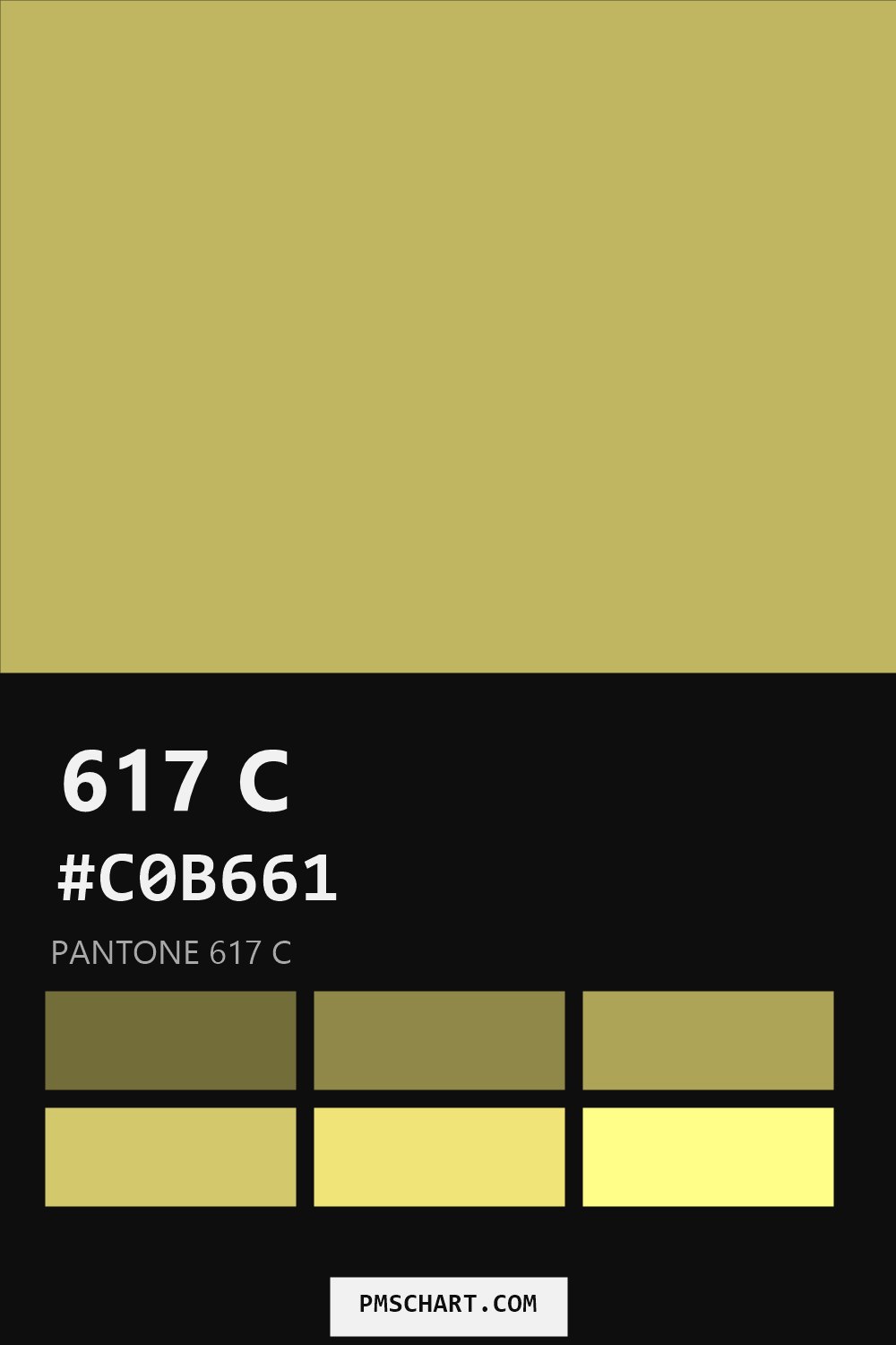 Pantone 617 C color reference card (HEX #C0B661) with six nearest Pantone matches