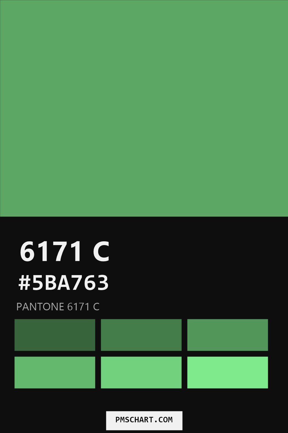 Pantone 6171 C color reference card (HEX #5BA763) with six nearest Pantone matches