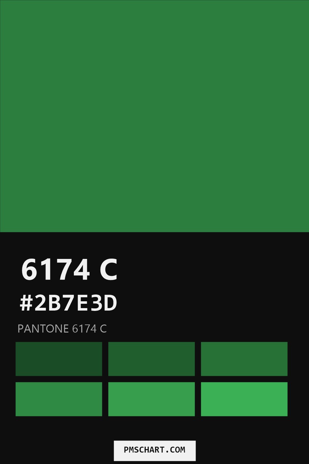 Pantone 6174 C color reference card (HEX #2B7E3D) with six nearest Pantone matches