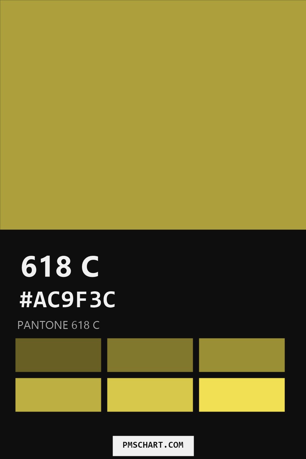 Pantone 618 C color reference card (HEX #AC9F3C) with six nearest Pantone matches