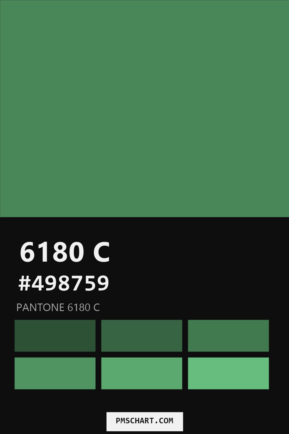 Pantone 6180 C color reference card (HEX #498759) with six nearest Pantone matches
