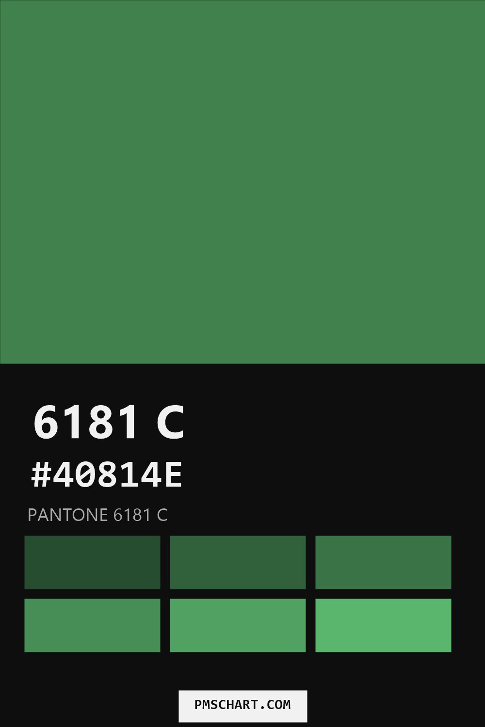 Pantone 6181 C color reference card (HEX #40814E) with six nearest Pantone matches