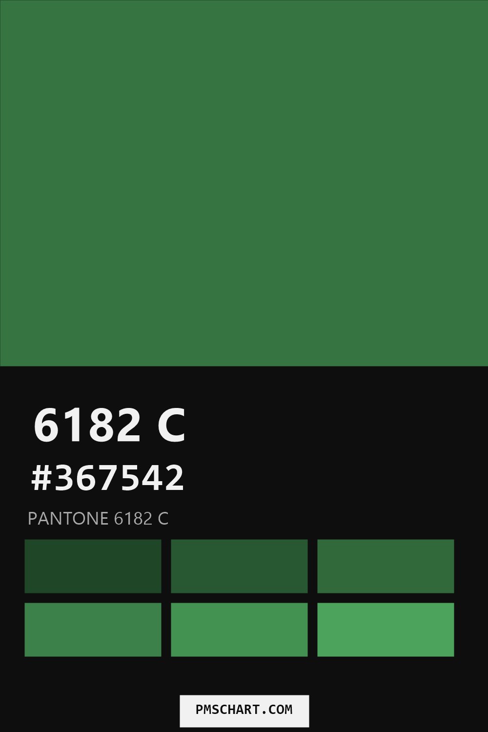 Pantone 6182 C color reference card (HEX #367542) with six nearest Pantone matches