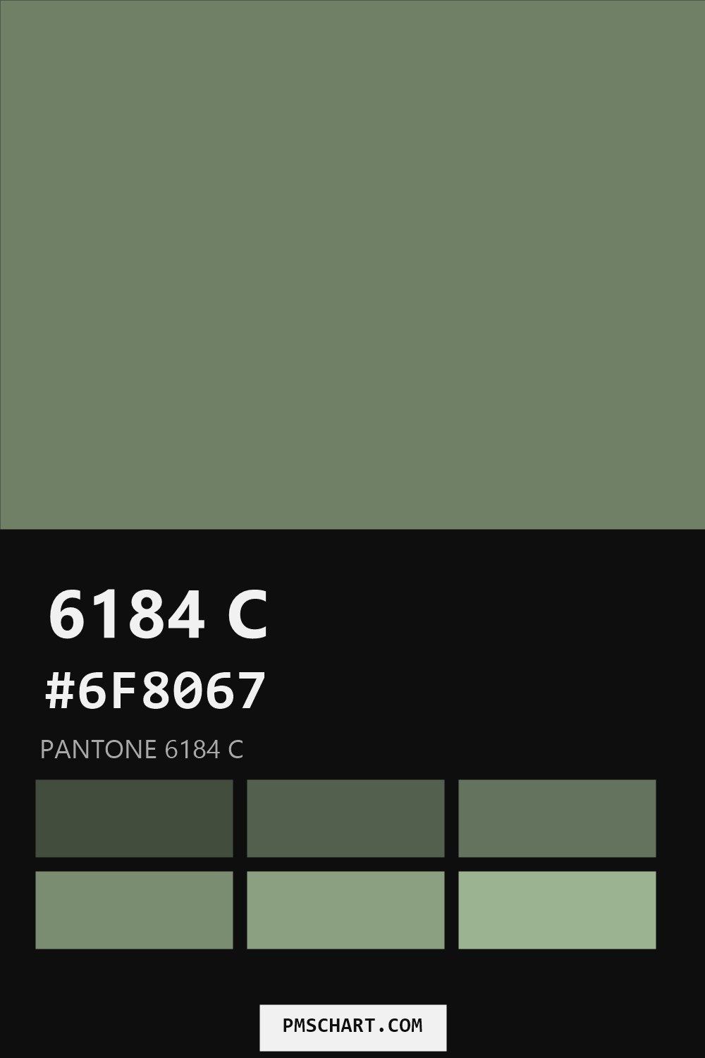 Pantone 6184 C color reference card (HEX #6F8067) with six nearest Pantone matches