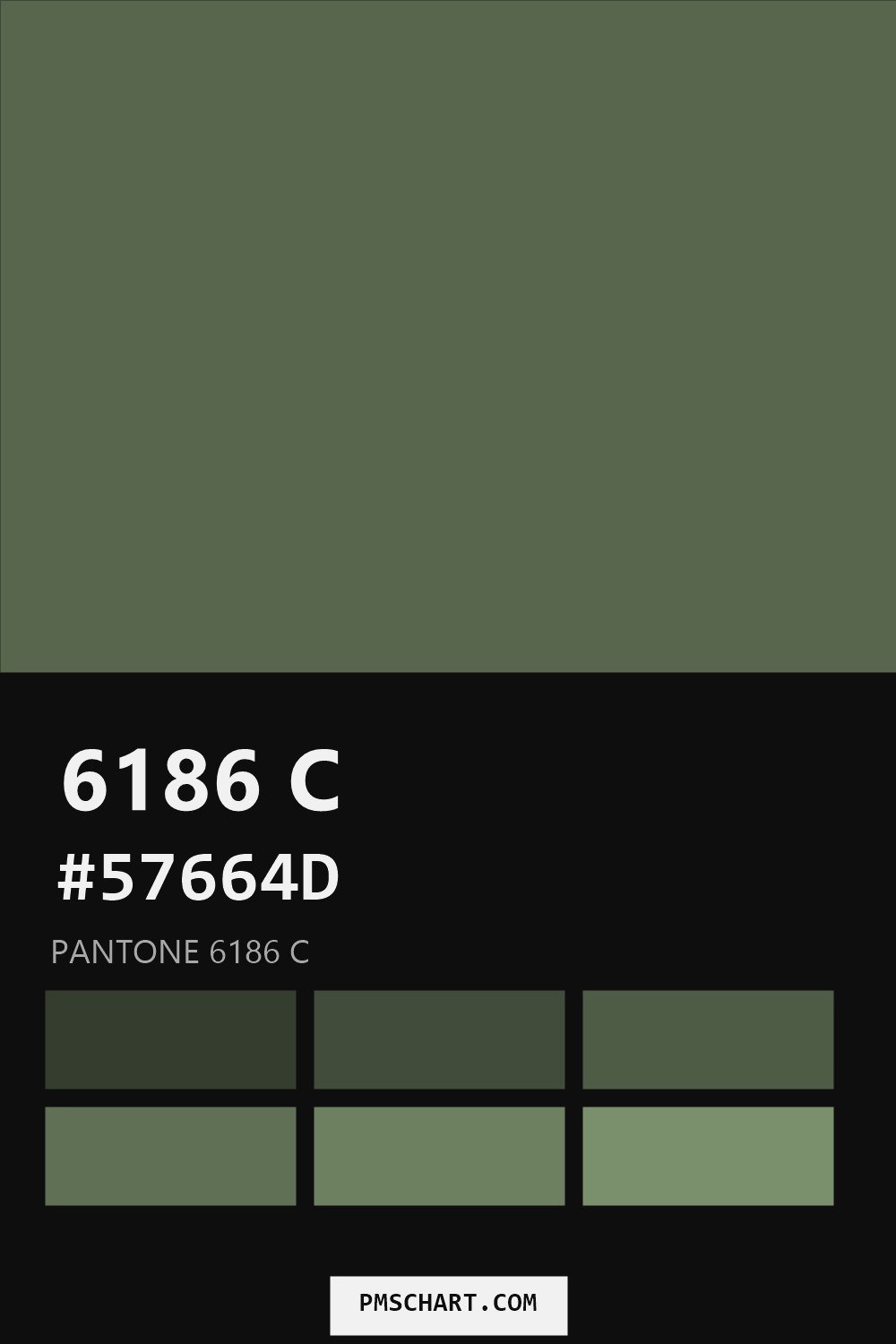 Pantone 6186 C color reference card (HEX #57664D) with six nearest Pantone matches