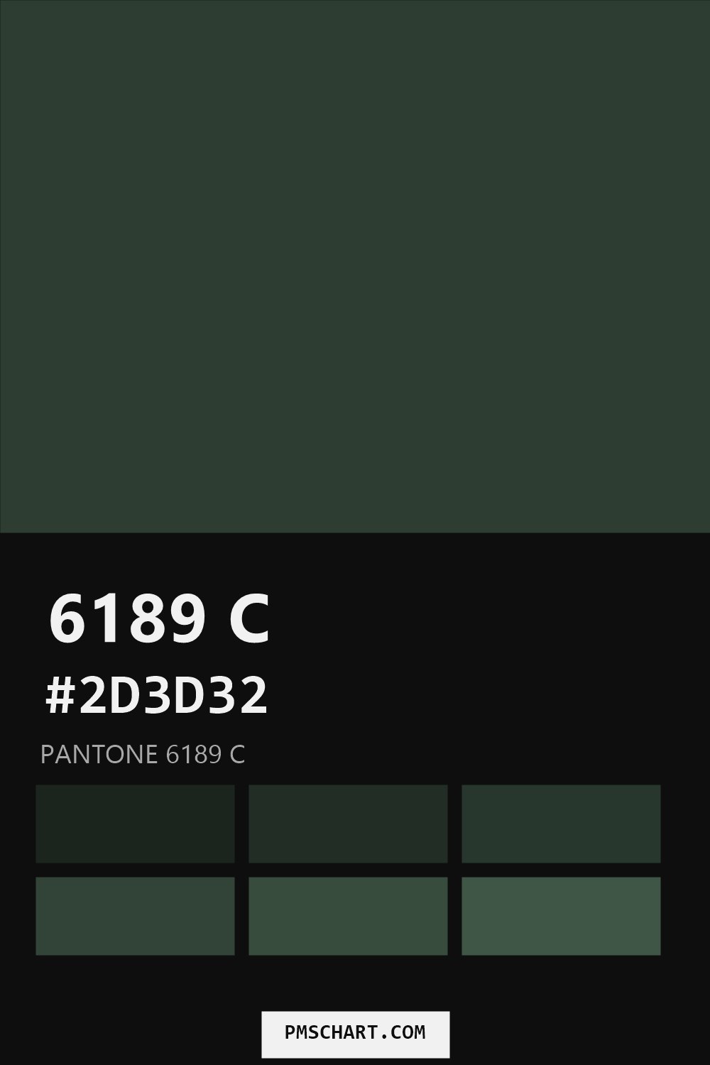 Pantone 6189 C color reference card (HEX #2D3D32) with six nearest Pantone matches