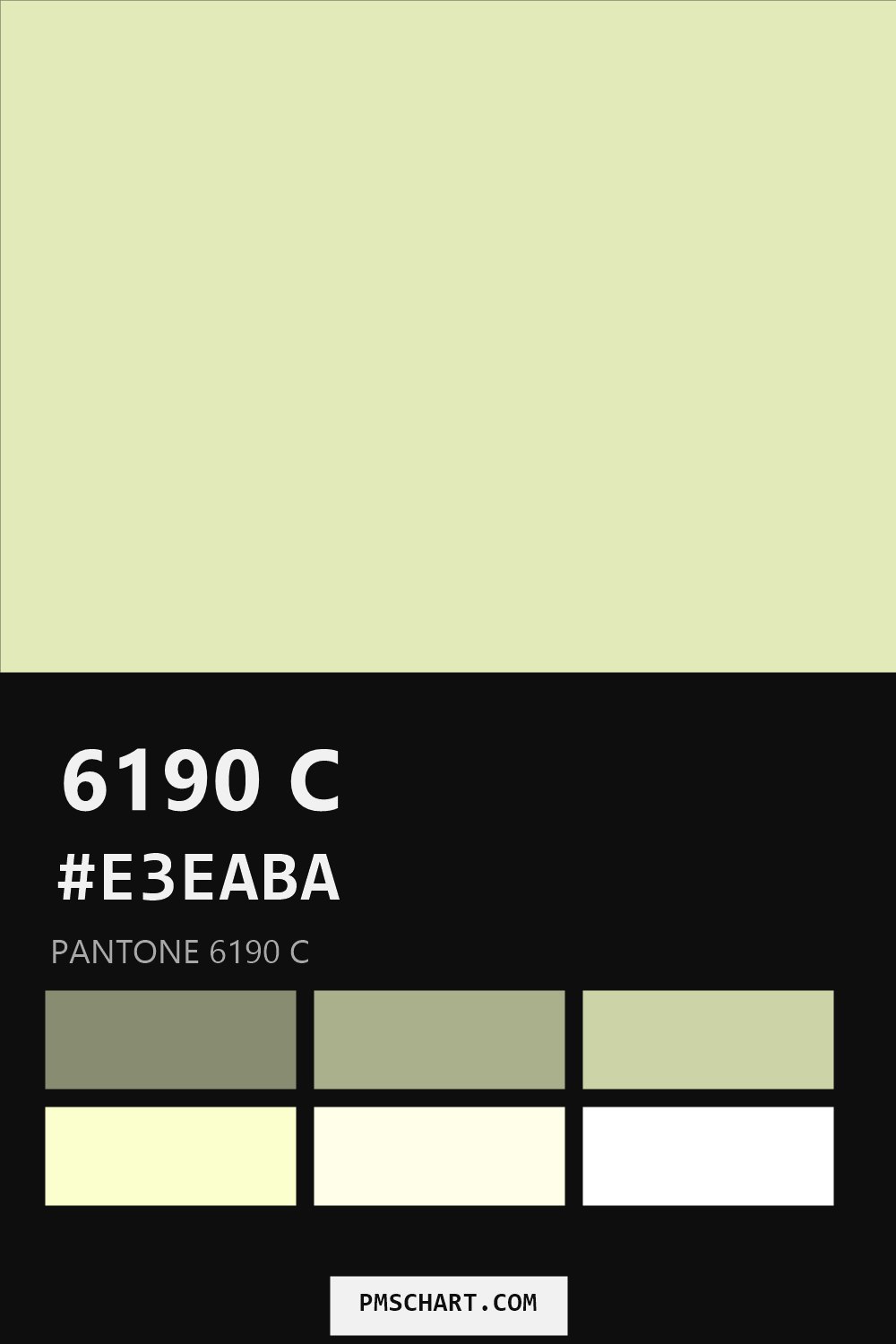 Pantone 6190 C color reference card (HEX #E3EABA) with six nearest Pantone matches