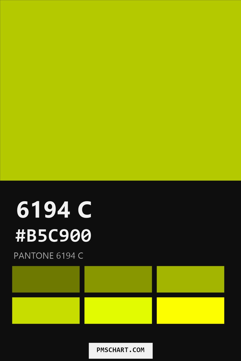 Pantone 6194 C color reference card (HEX #B5C900) with six nearest Pantone matches