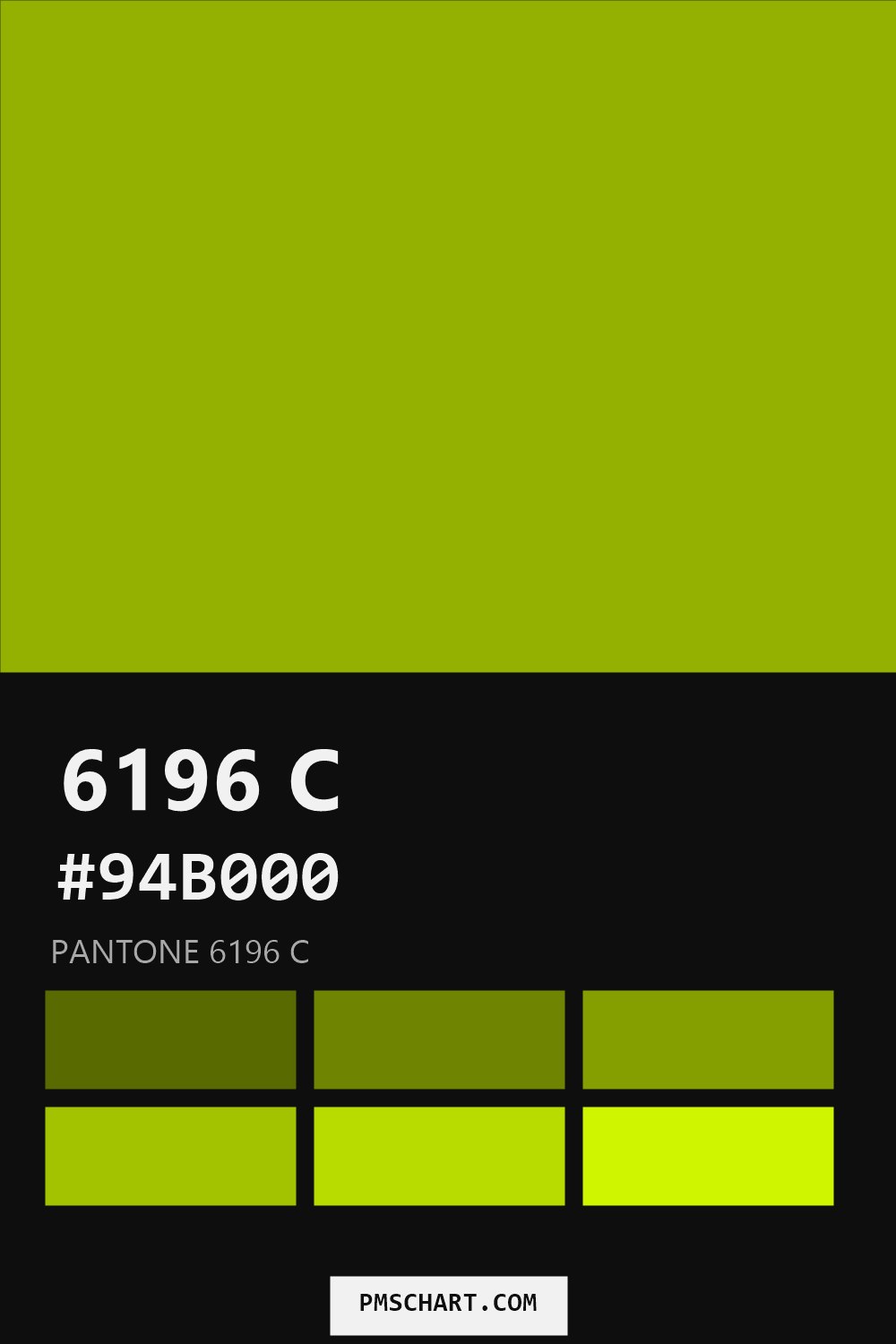 Pantone 6196 C color reference card (HEX #94B000) with six nearest Pantone matches