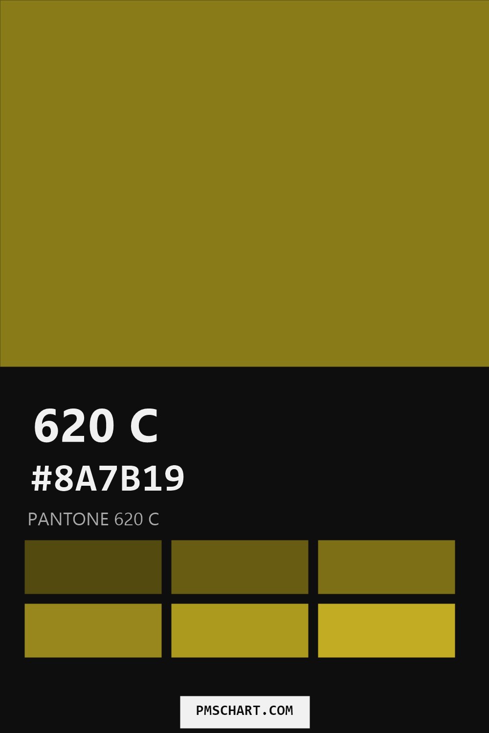 Pantone 620 C color reference card (HEX #8A7B19) with six nearest Pantone matches