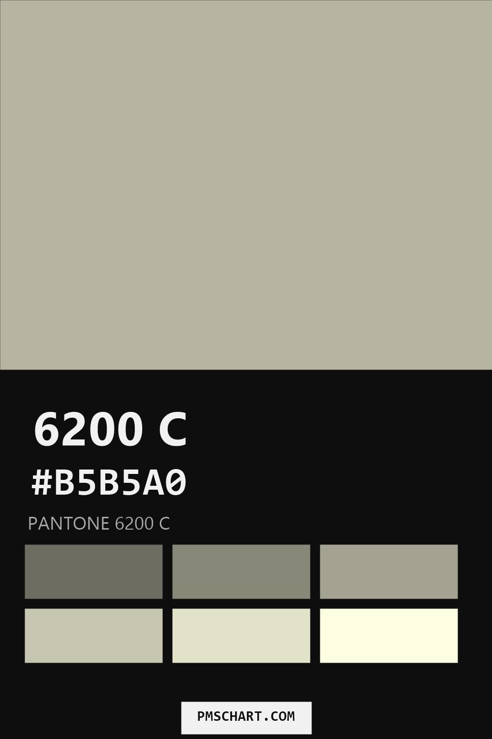 Pantone 6200 C color reference card (HEX #B5B5A0) with six nearest Pantone matches