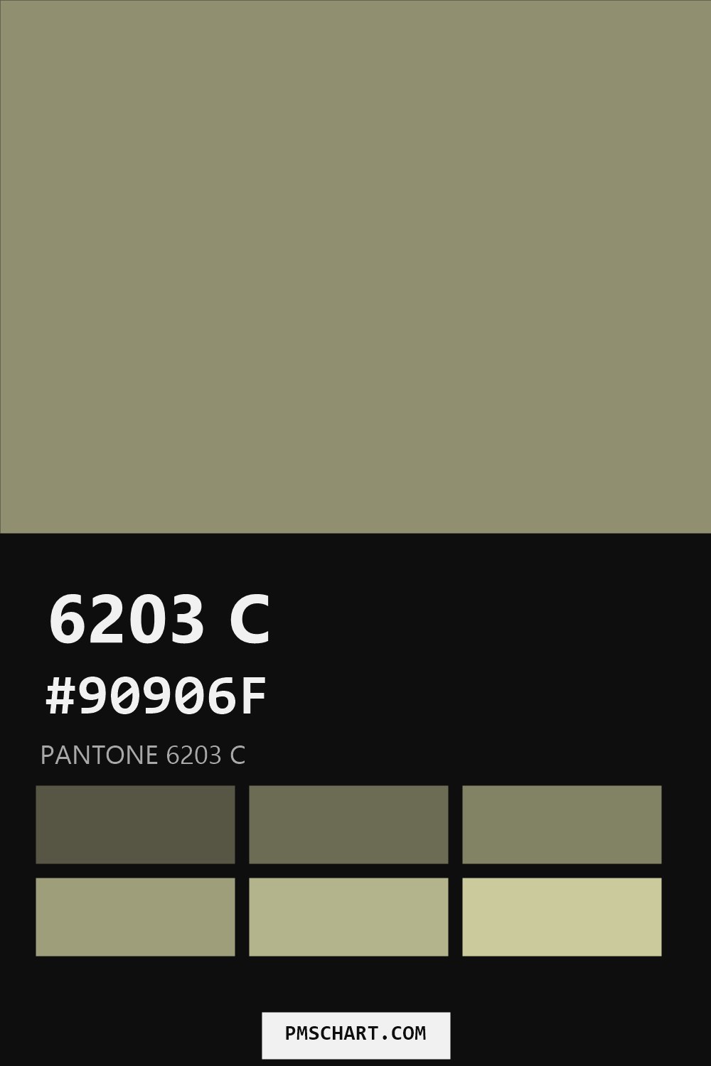 Pantone 6203 C color reference card (HEX #90906F) with six nearest Pantone matches