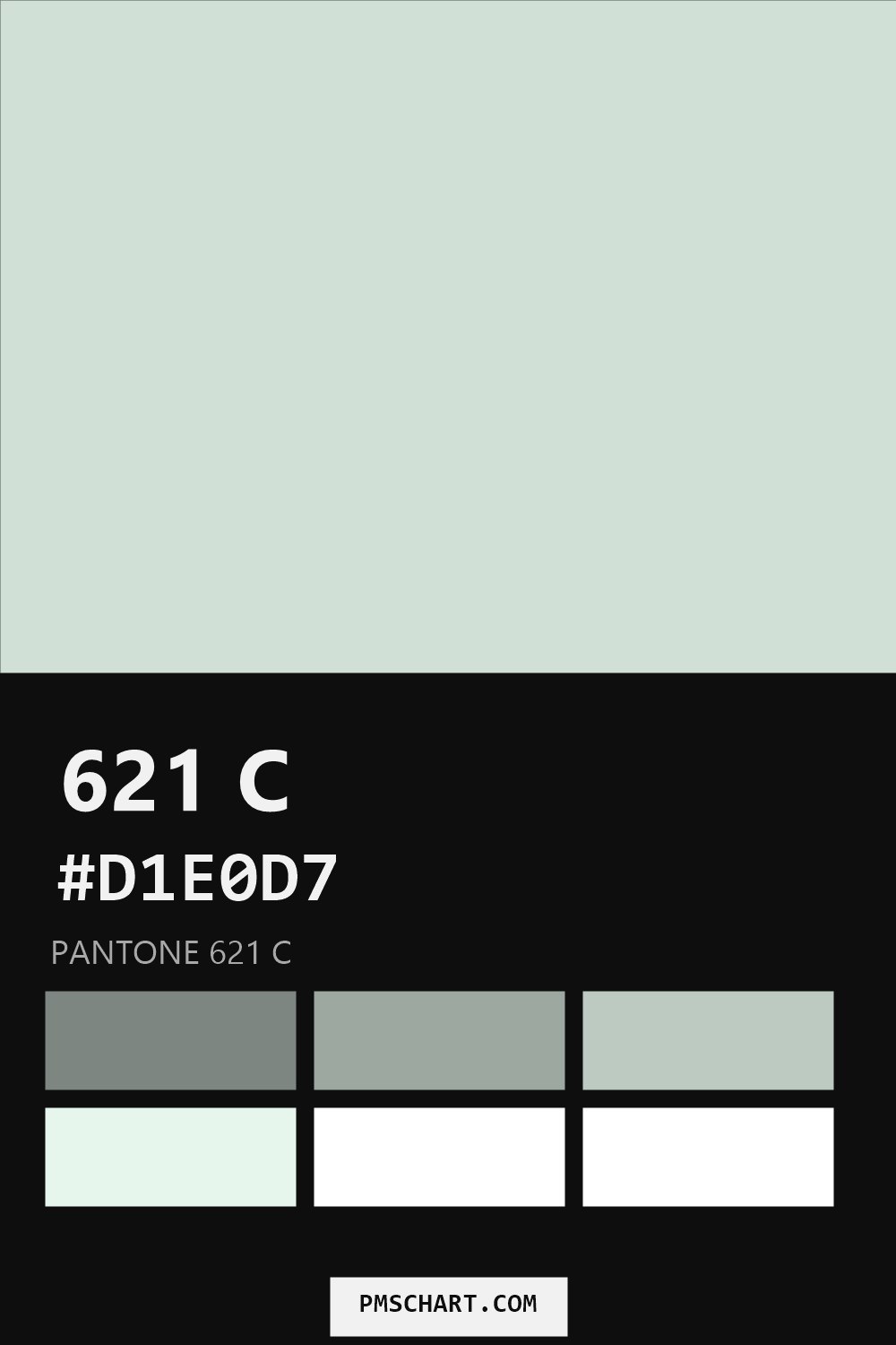 Pantone 621 C color reference card (HEX #D1E0D7) with six nearest Pantone matches