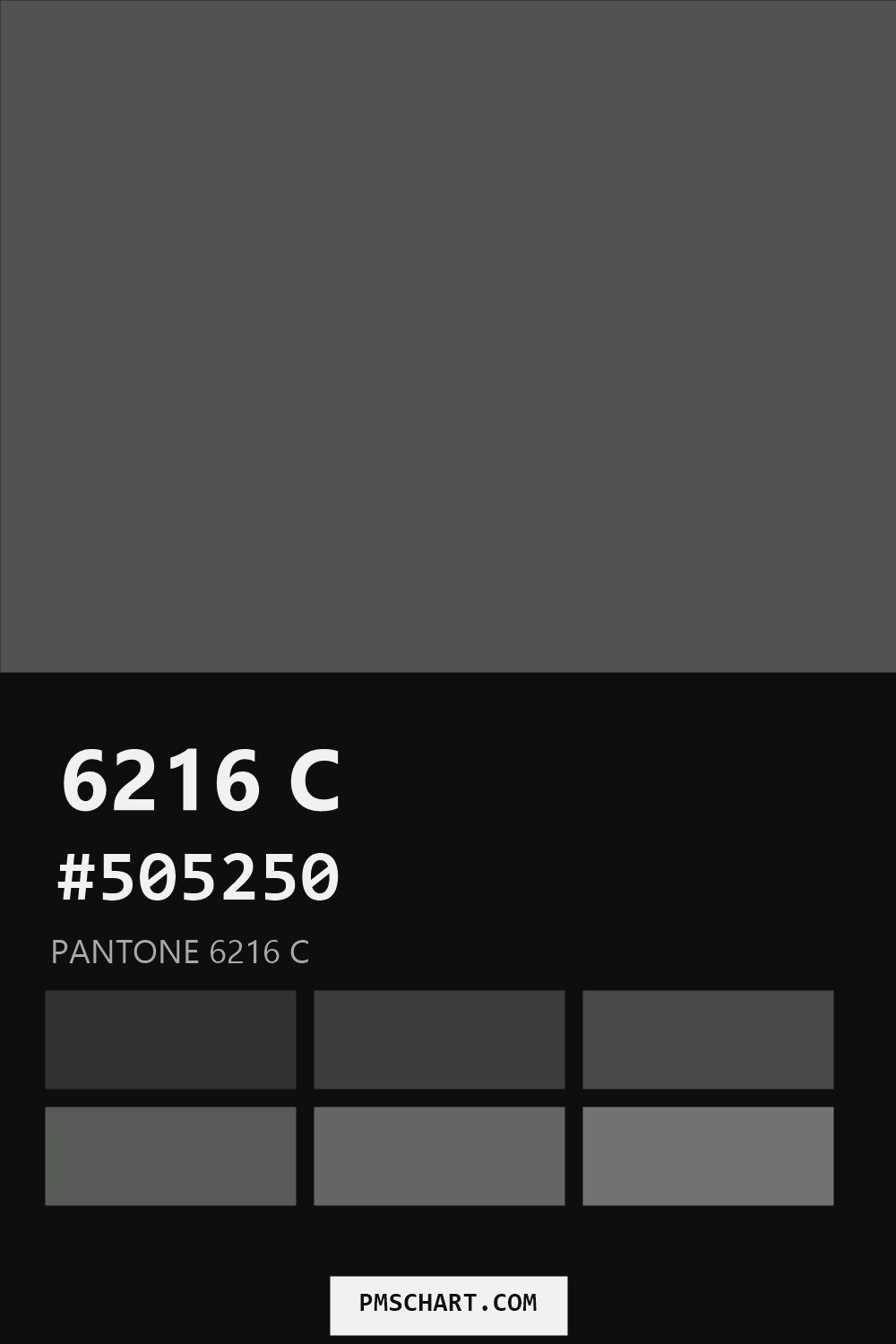 Pantone 6216 C color reference card (HEX #505250) with six nearest Pantone matches