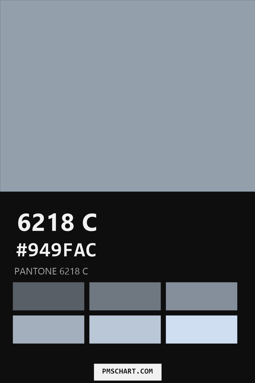 Pantone 6218 C color reference card (HEX #949FAC) with six nearest Pantone matches