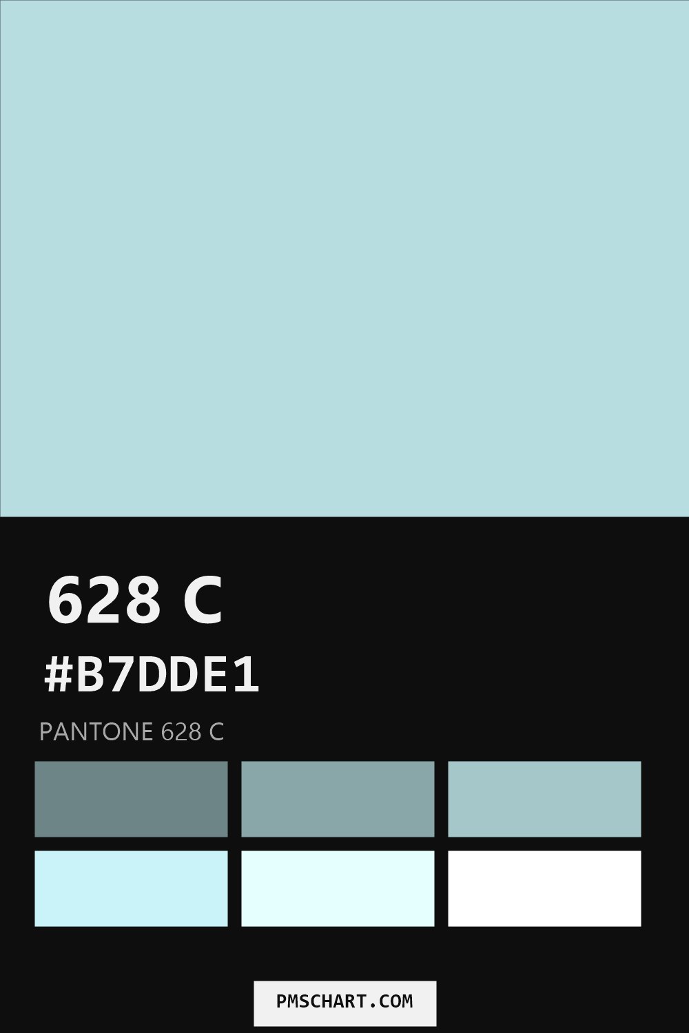 Pantone 628 C color reference card (HEX #B7DDE1) with six nearest Pantone matches