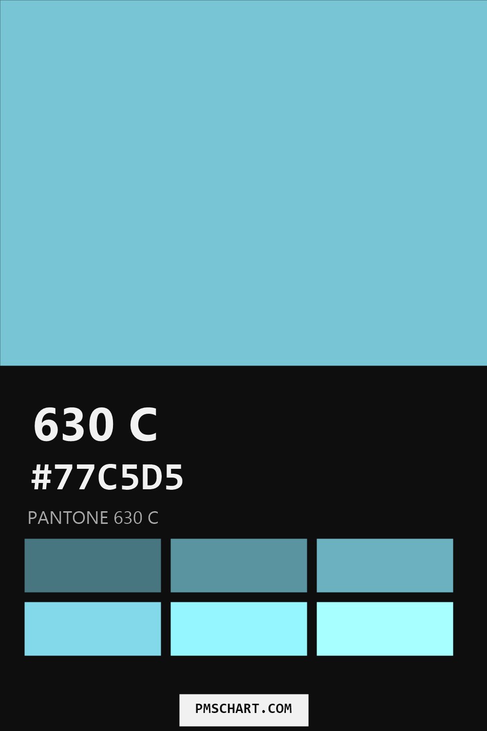Pantone 630 C color reference card (HEX #77C5D5) with six nearest Pantone matches