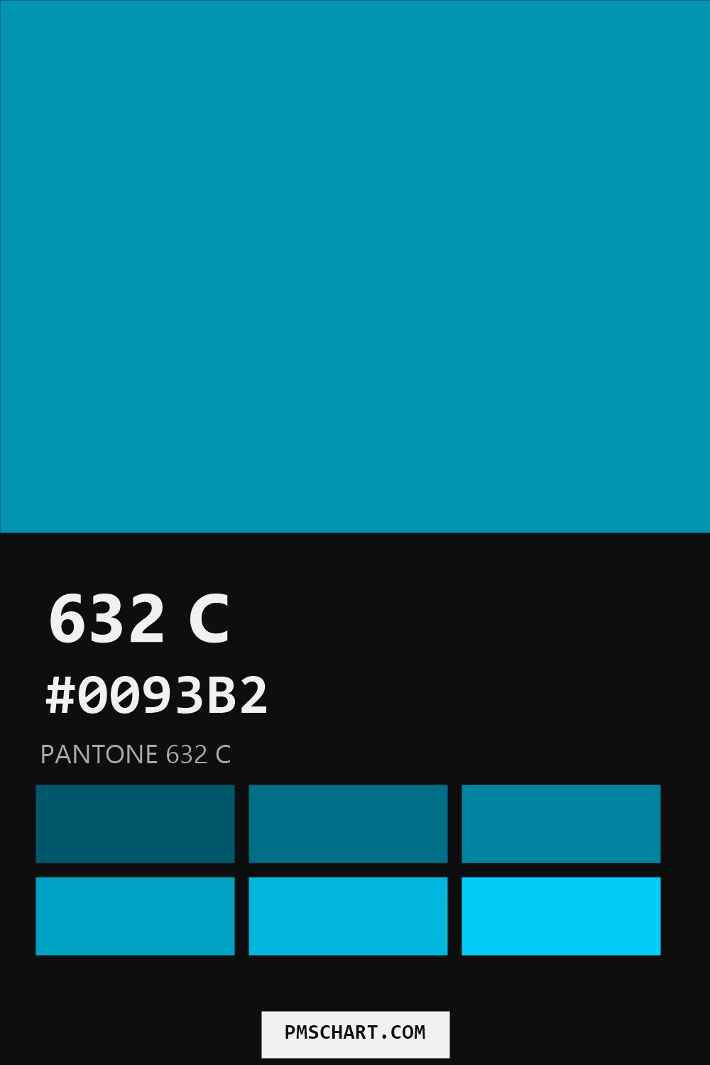 Pantone 632 C color reference card (HEX #0093B2) with six nearest Pantone matches