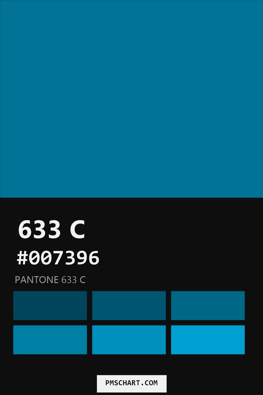 Pantone 633 C color reference card (HEX #007396) with six nearest Pantone matches