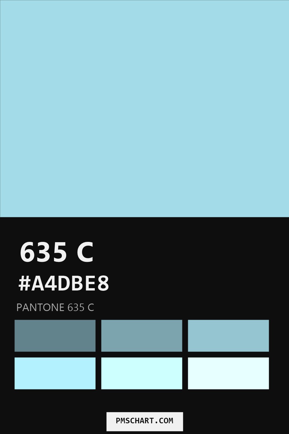 Pantone 635 C color reference card (HEX #A4DBE8) with six nearest Pantone matches