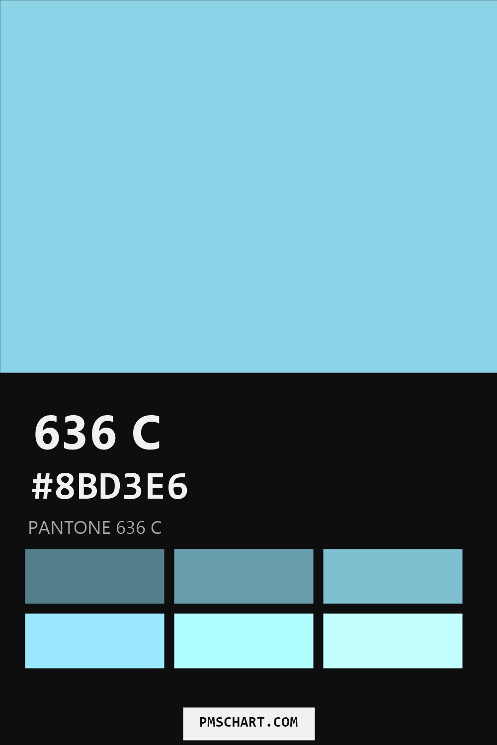 Pantone 636 C color reference card (HEX #8BD3E6) with six nearest Pantone matches