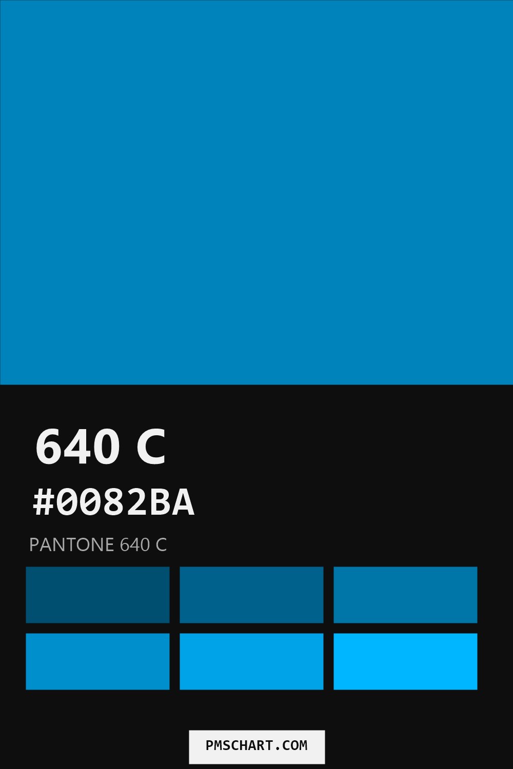 Pantone 640 C color reference card (HEX #0082BA) with six nearest Pantone matches