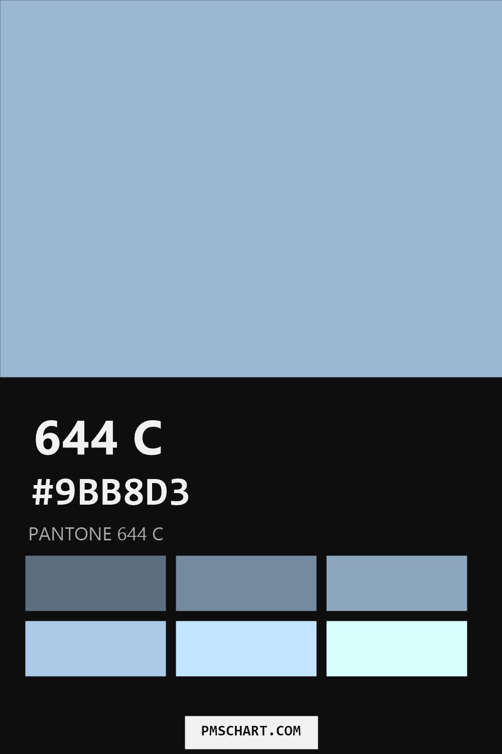 Pantone 644 C color reference card (HEX #9BB8D3) with six nearest Pantone matches