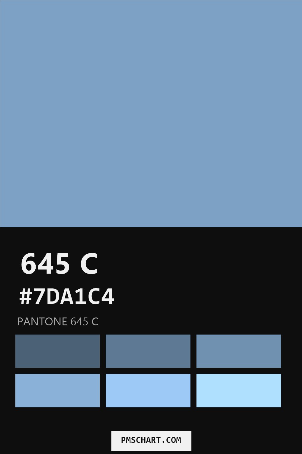 Pantone 645 C color reference card (HEX #7DA1C4) with six nearest Pantone matches