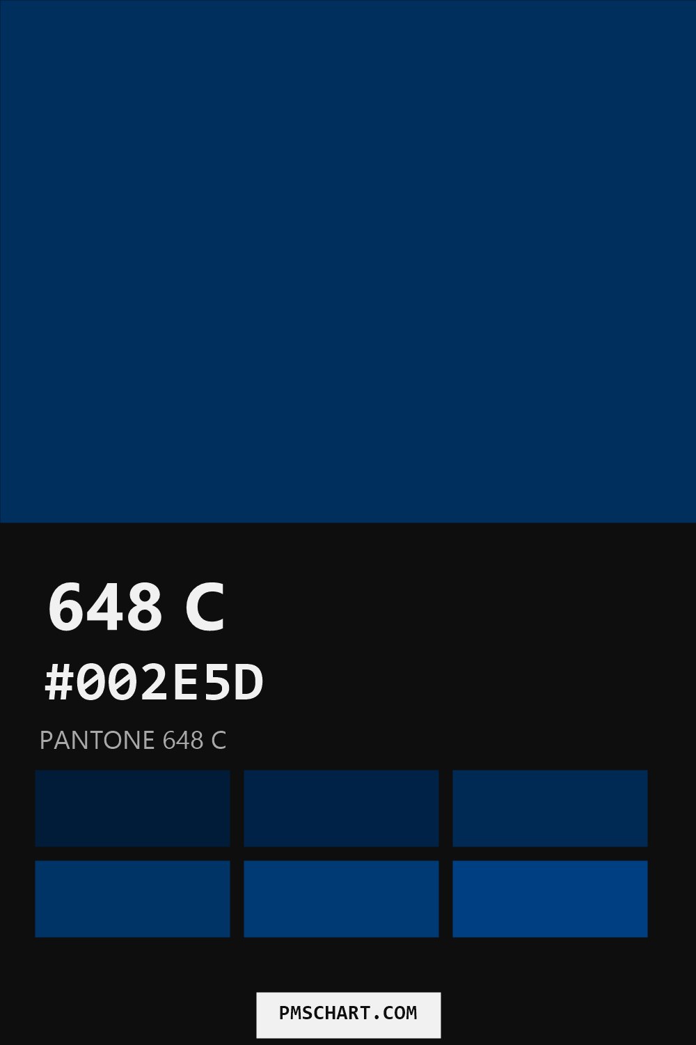 Pantone 648 C color reference card (HEX #002E5D) with six nearest Pantone matches