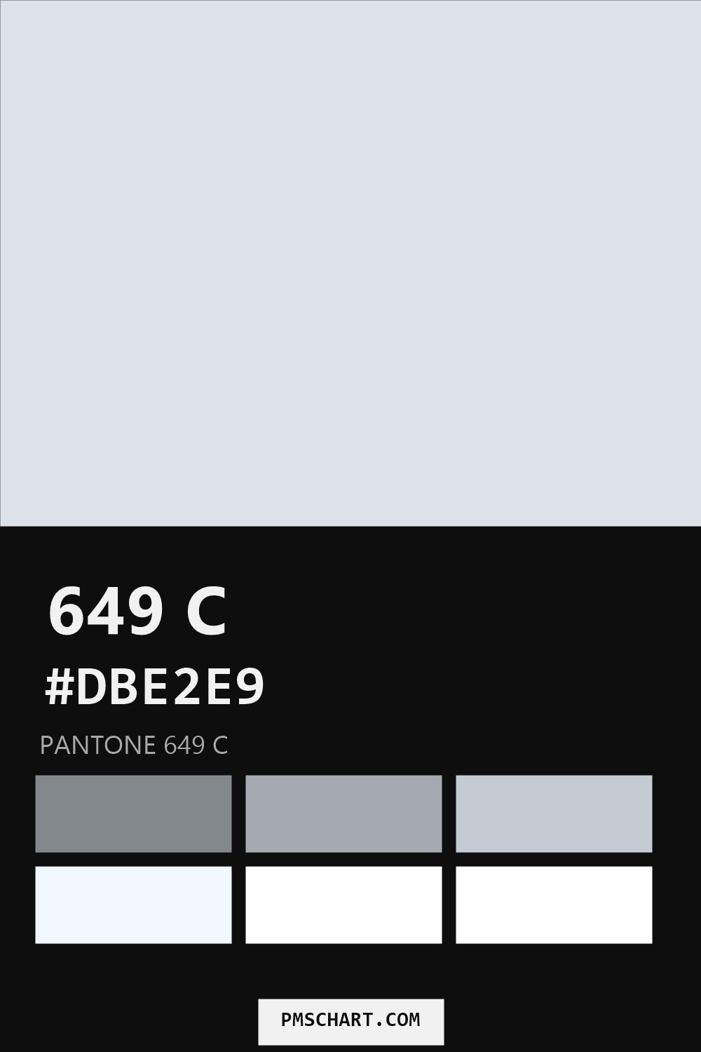 Pantone 649 C color reference card (HEX #DBE2E9) with six nearest Pantone matches