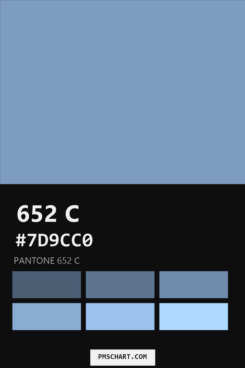 Pantone 652 C color reference card (HEX #7D9CC0) with six nearest Pantone matches